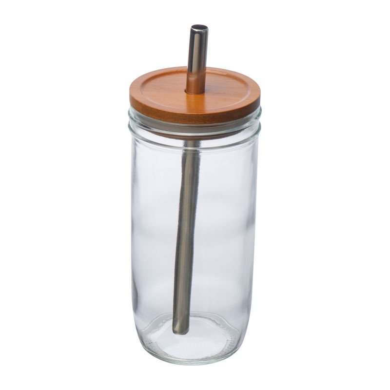 Üvegpohár szívószállal és bambusz fedéllel, 650 ml